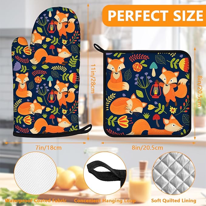 Cute Fox Oven Mitts and Pot Holders Sets 4Pcs,Extra Long Oven Gloves Potholder for Kitchen Cooking Baking BBQ 100% Cotton Heat Resistant - Image 2