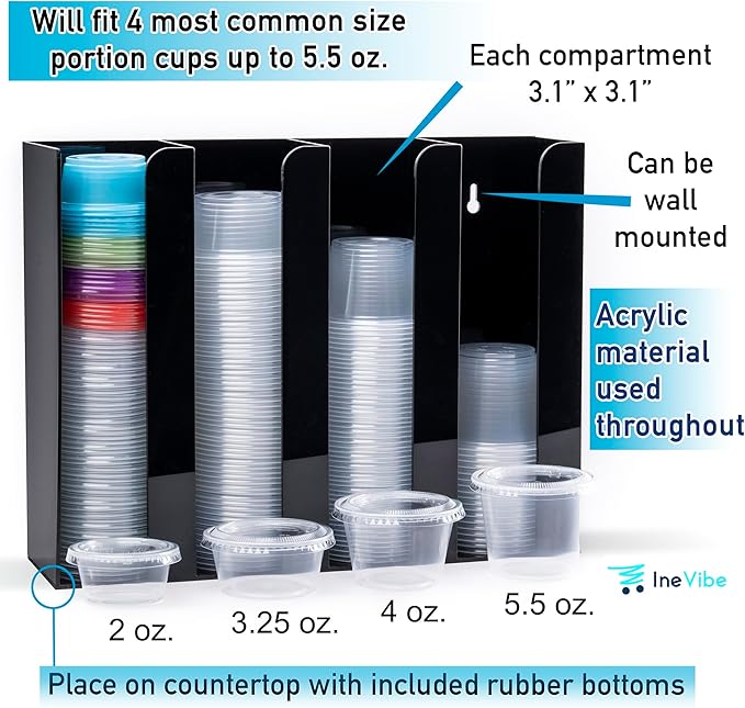 Inevibe Portion Cup and Lid Holder - 4 Compartment Acrylic Organizer for Condiment & Sauce Cups, Fits Cups 2 oz to 5.5 oz in Size, Use Dispenser on Countertop or Wall Mount - Image 3