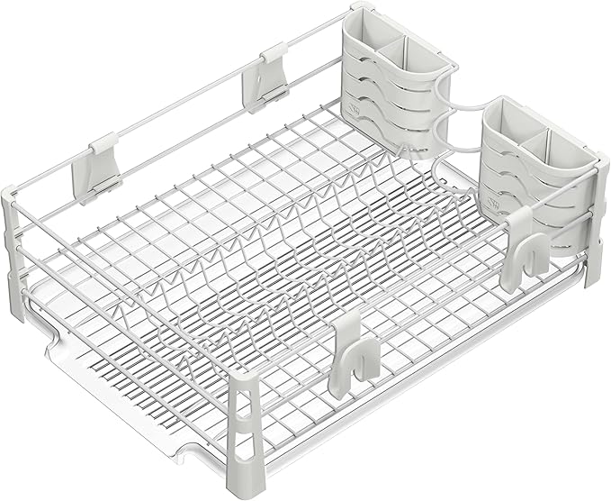 Simple Houseware White Dish Drying Rack with Drainboard, Utensil Holder & Mug Hooks – Metal Kitchen Counter Organizer - Image 4