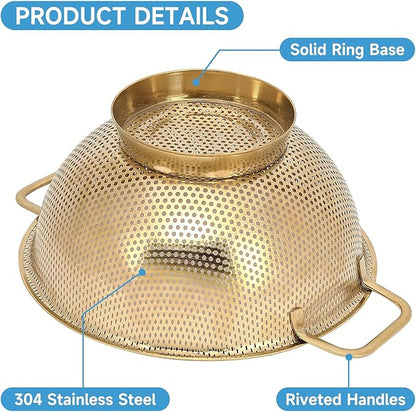 2PCS Gold Strainer for Kitchen, 3QT and 5QT, Stainless Steel Colander with Handle for Fruits Vegetables Cooking Food, Dishwasher Safe