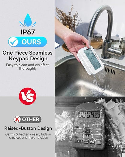 Baldrtherm Digital Timer, Works as a Countdown Timer, Real-time Clock, Hygrometer Thermometer. IP67 Waterproof Safe for Kitchen Bathroom Use. (White)