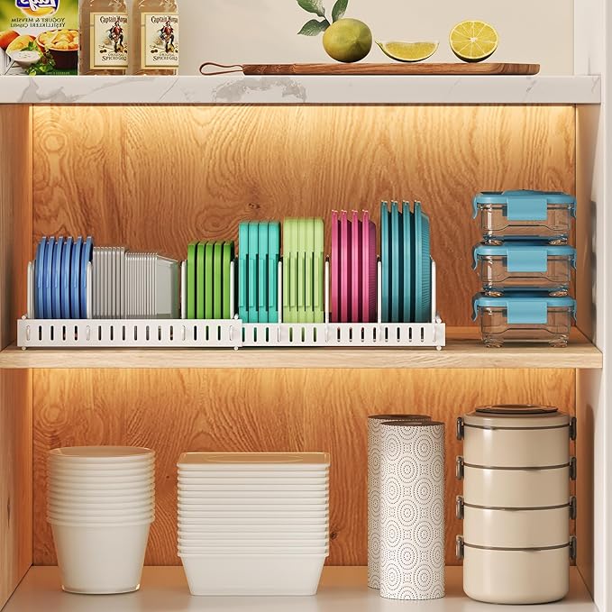 X-cosrack Expandable Food Container Lid Organizer,Large Capacity Adjustable 10 Dividers Detachable Lid Organizer Rack for Cabinets, Cupboards, Pantry Shelves, Drawers to Keep Kitchen Tidy,White - Image 2