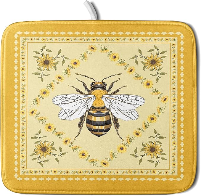 Giwawa Sunflower Bee Dish Drying Mat, Summer Rustic Sunshine Floral Dish Drainer Mats, Yellow Farmhouse Absorbent Reversible Small Dish Drying Pad Decor for Kitchen Countertop, 16x18inches
