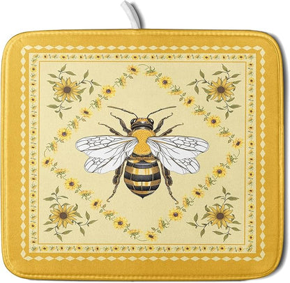 Giwawa Sunflower Bee Dish Drying Mat, Summer Rustic Sunshine Floral Dish Drainer Mats, Yellow Farmhouse Absorbent Reversible Small Dish Drying Pad Decor for Kitchen Countertop, 16x18inches