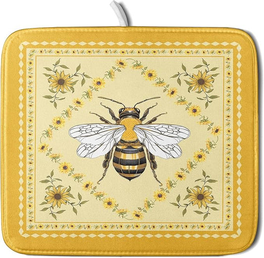 Giwawa Sunflower Bee Dish Drying Mat, Summer Rustic Sunshine Floral Dish Drainer Mats, Yellow Farmhouse Absorbent Reversible Small Dish Drying Pad Decor for Kitchen Countertop, 16x18inches