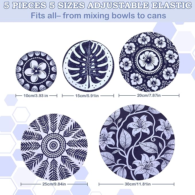5-Size Reusable Beeswax Bowl Covers for Bread Proofing, Cotton Cloth Flexible Beeswax Wraps for Food Storage(Blue Lily) - Image 2