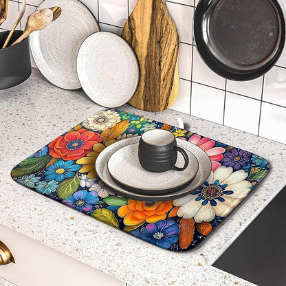 Giwawa Boho Flower Dish Drying Mat, Colorful Floral Leaf Dish Drainer Mats, Rustic Wildflower Plant Botanical Reversible Dish Drying Rack Pad Protector for Kitchen Countertop Decor, 16"x18"