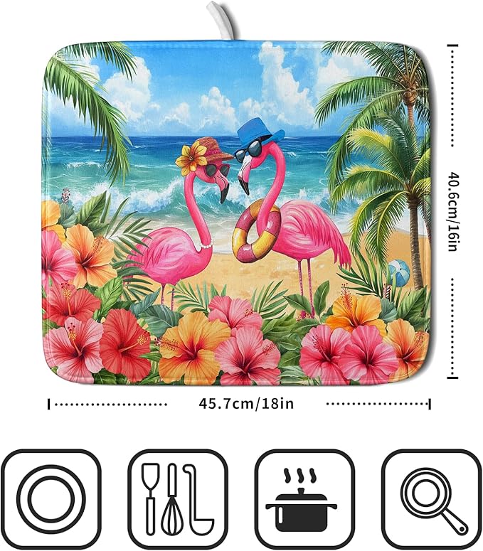 Summer Flamingos Dish Drying Mat 16x18 inch Tropical Beach Microfiber Washable Dish Rack Mats Drainer Pad for Counter Kitchen Table Decor