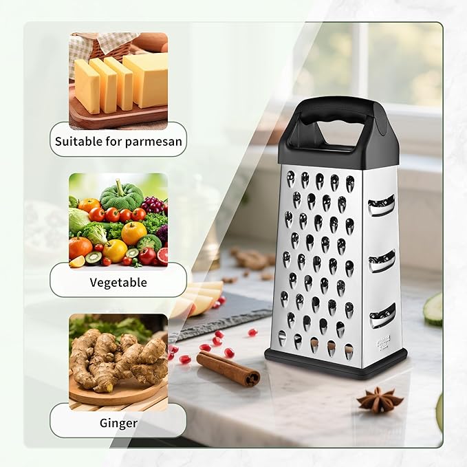 Cheese Grater, 9 IN Size 4-Sided Stainless Steel Grater, Food Shredder for Cheese, Parmesan, Vegetable, Dishwasher Safe, Black - Image 4