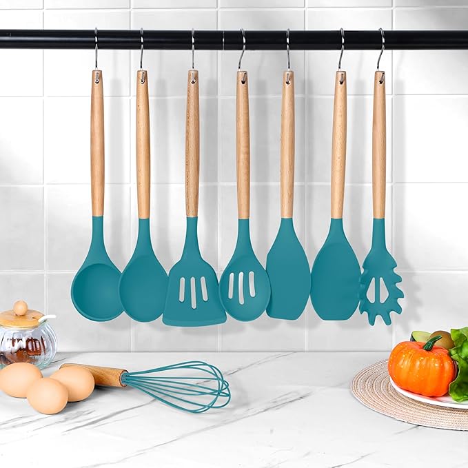Herogo 8 Pcs Non-Stick Silicone Kitchen Utensils Set, Heat-Resistant Food-Grade Cooking Utensils with Wooden Handle, Includes Spatula Spoon Turner Server Whisk Ladle for Baking, Cooking (Navy Blue) - Image 7
