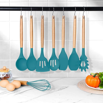 Herogo 8 Pcs Non-Stick Silicone Kitchen Utensils Set, Heat-Resistant Food-Grade Cooking Utensils with Wooden Handle, Includes Spatula Spoon Turner Server Whisk Ladle for Baking, Cooking (Navy Blue) - Image 7