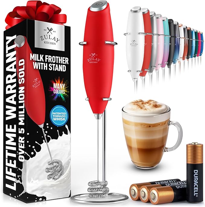 Zulay Kitchen Patented Tornado Triple Whisk Milk Frother with 4 Duracell Batteries – Handheld Foam Maker for Coffee, Lattes, Matcha & Hot Chocolate – Rich, Creamy Froth in Seconds - Cardinal Red by ZulayKitchen