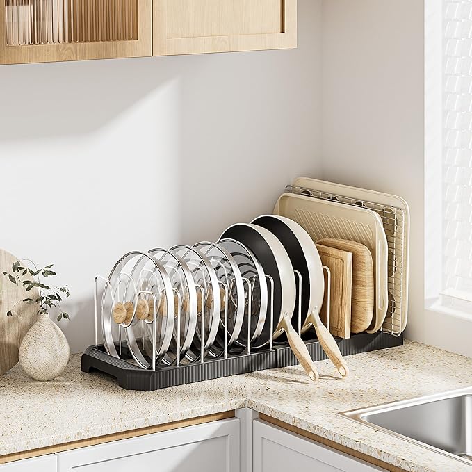 MUDEELA Pot Lid Organizer Rack for Cabinet, Expandable Pots and Pans Organizer under Cabinet with 12 Adjustable Dividers, Pan Organizers Holder inside Cabinet for Cutting Boards, Baking Sheets, Black - Image 4