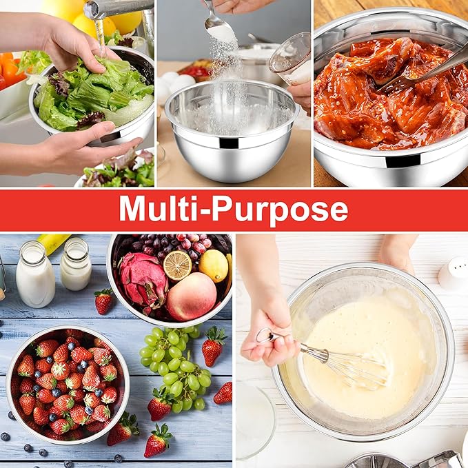 E-far Mixing Bowls with Lids, 12-Piece Stainless Steel Salad Bowls Metal Nesting Bowls for Baking Cooking and Prepping, Airtight Lids & Stackable Design, Size 7, 4.5, 3, 1.5, 1.2, 0.7 QT (Red) - Image 4