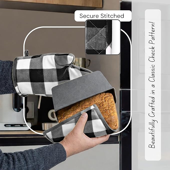 Native Fab Buffalo Plaid Check Oven Mitts and Pot Holders Set of 4, 100% Cotton Heat Resistant Kitchen Gloves, 2 Oven Mitts (7x13), 2 Pot Holders (8x8) for Cooking & Baking, Black White - Image 4