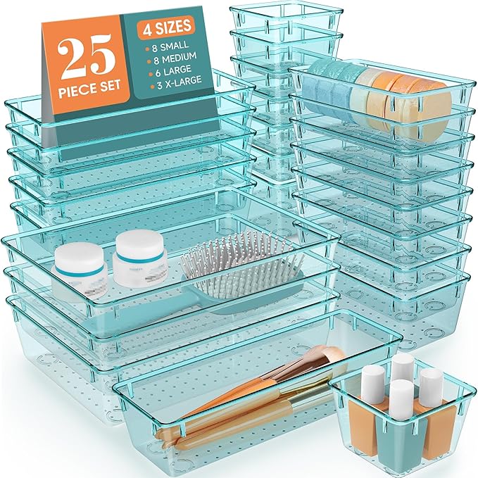 WOWBOX 25 PCS Plastic Drawer Organizer Set, 4 Sizes Desk Drawer Divider Organizers and Storage Bins for Makeup, Jewelry, Gadgets for Kitchen, Bedroom, Bathroom, Office, Sea Blue by WOWBOX