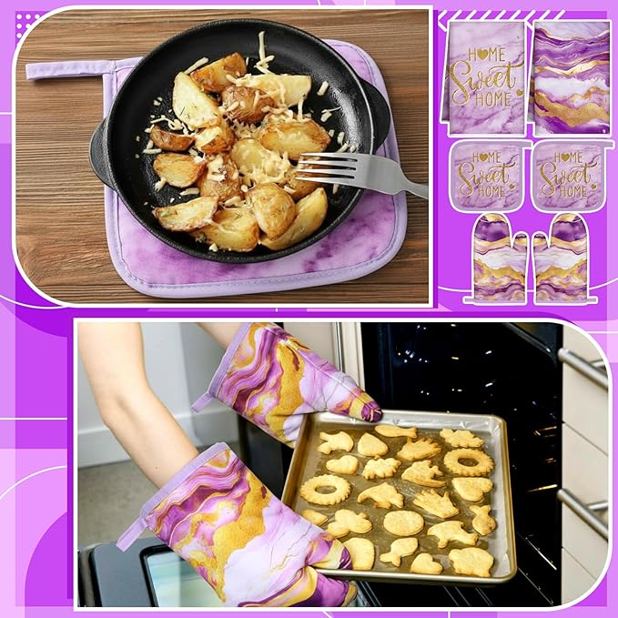 Bencailor Purple 6 Pcs Marble Kitchen Decor Gold Pot Holders Oven Mitts 2 Dish Towels 2 Farmhouse Cooking Mittens Oven Glove and Potholder for Baking Cooking Grilling Supply Accessories