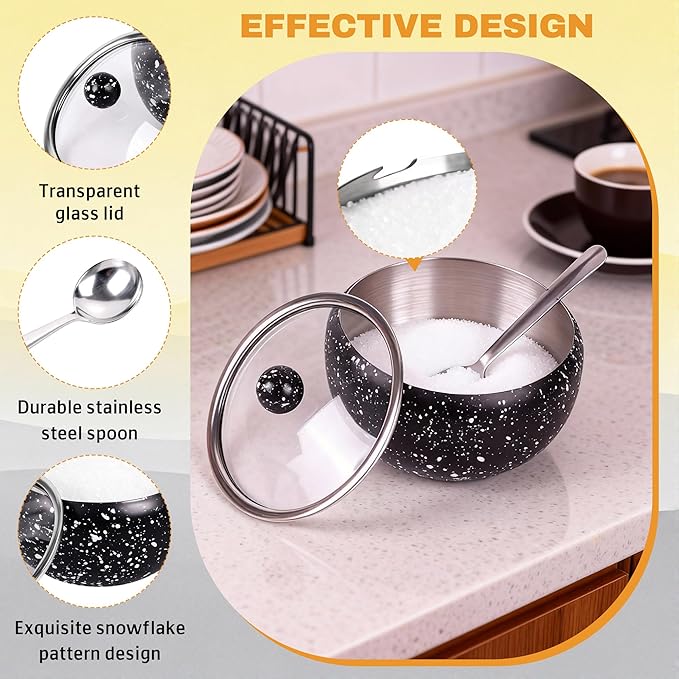 holoith Sugar Container with Glass Lid and Spoon, 16oz Snowflake pattern Stainless Steel Sugar Bowl for Coffee Bar Station Accessories Kitchen Storage for Salt, Candy, Coffee Bean (Black) - Image 4