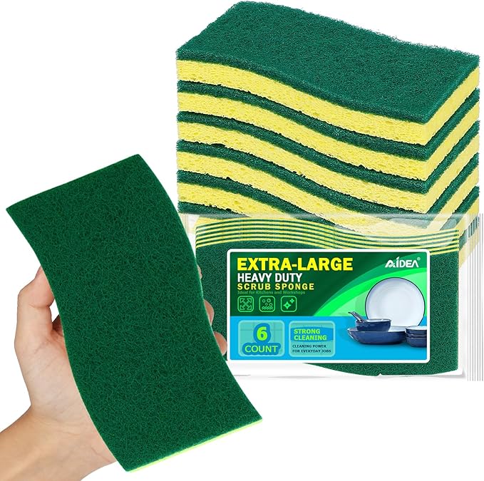 AIDEA XL Scrub Sponges 6Count, Heavy Duty Sponges for Dishes, Extra Large Sponge for Cleaning Kitchen and Household, Heavy Duty Sponge Safe for Non-Coated Cookware, Cleaning Power for Bathroom, House by AIDEAHOME
