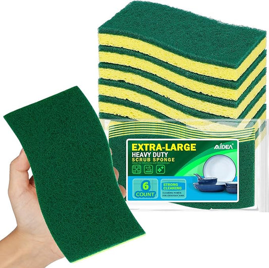 AIDEA XL Scrub Sponges 6Count, Heavy Duty Sponges for Dishes, Extra Large Sponge for Cleaning Kitchen and Household, Heavy Duty Sponge Safe for Non-Coated Cookware, Cleaning Power for Bathroom, House by AIDEAHOME