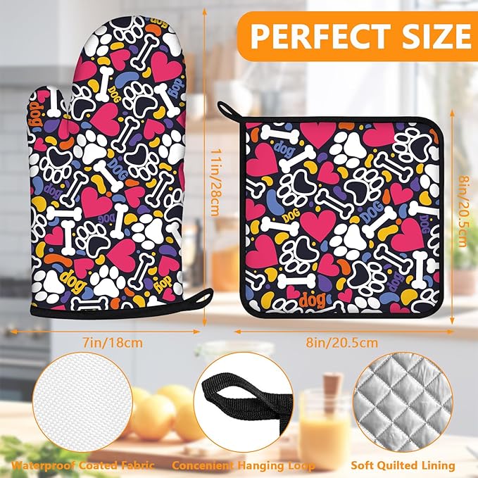 Paw Prints Oven Mitts and Pot Holders Sets 4Pcs,Extra Long Oven Gloves Potholder for Kitchen Cooking Baking BBQ 100% Cotton Heat Resistant - Image 2