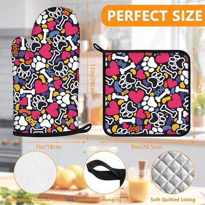 Paw Prints Oven Mitts and Pot Holders Sets 4Pcs,Extra Long Oven Gloves Potholder for Kitchen Cooking Baking BBQ 100% Cotton Heat Resistant - Image 2