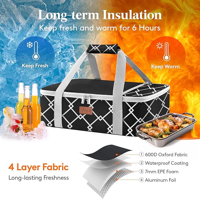 Lifewit Insulated Single Decker Casserole Carrier, Lasagna Lugger Holder for Hot or Cold Food, Fits 9" x 13" Baking Dish, Thermal Lunch Tote Bag for Potluck Parties, Picnic and Cookouts, Black
