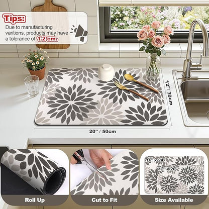 Findosom Floral Dish Drying Mat, 12" x 20" Super Absorbent & Hide Stain Coffee Mat, Cuttable Drying Mat for Kitchen Counter, Under Dish Rack, Coffee Maker, Espresso Machine, Dark Gray