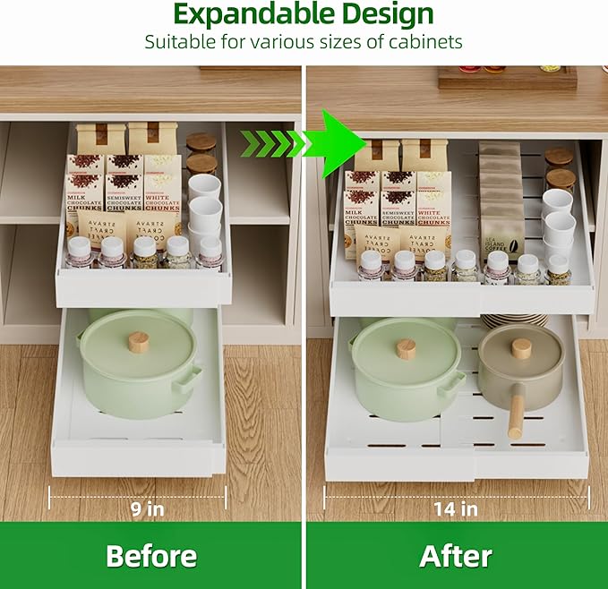 PAKETA 4 Pack Expandable Pull Out Cabinet Organizer, 21'' Deep Pull Out Drawers for Cabinet, Upgrade 3 Slide Rails Sliding Drawers for Cabinets with Adhesive Nano Film (White, 21"D X 9-14"W) - Image 4