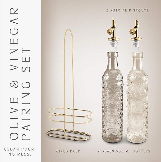 COOK WITH COLOR Glass Olive Oil Bottle Dispenser - 2 Pack- 17oz Oil and Vinegar Cruet - Olive Oil Carafe Decanter for Kitchen, Floral, Brown - Image 3