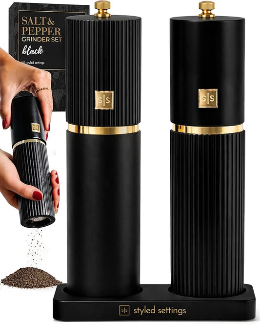 Wooden Salt and Pepper Grinder Set – Refillable Manual Salt and Pepper Mills with Adjustable Ceramic Burrs, Gold Detailing, and Wood Stand – Black by STYLEDSETTINGS