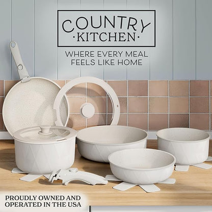 Country Kitchen Cookware Set with Removable Handle, Oven & RV Safe Pots and Pans Set, Cream Diamond, Original - Image 2