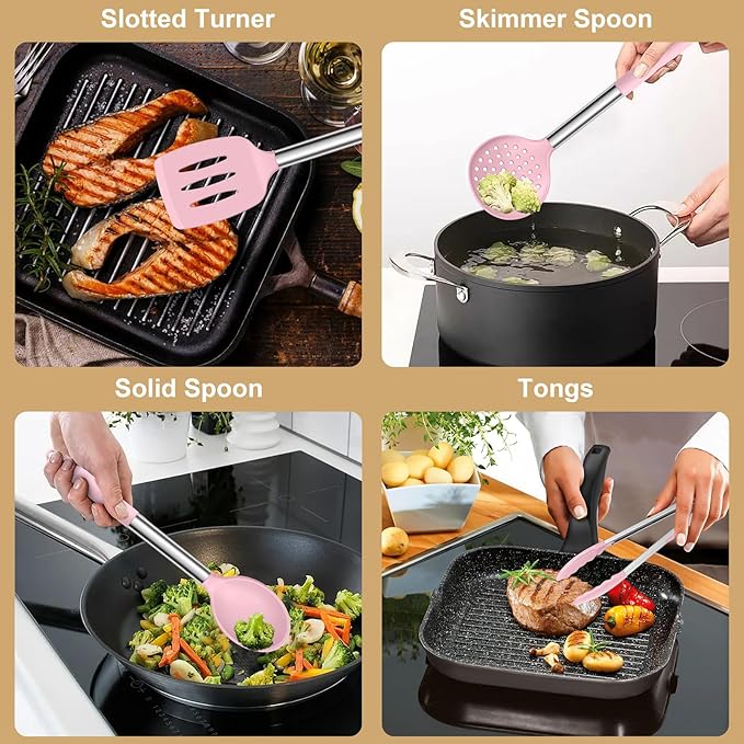 E-far Silicone Cooking Utensils Set, 7 Pcs Heat Resistant Kitchen Utensils with Stainless Steel Handle, Slotted Turner, Spoon, Soup Ladle, Pasta Server, Skimmer, Tongs for Nonstick Cookware, Pink - Image 5