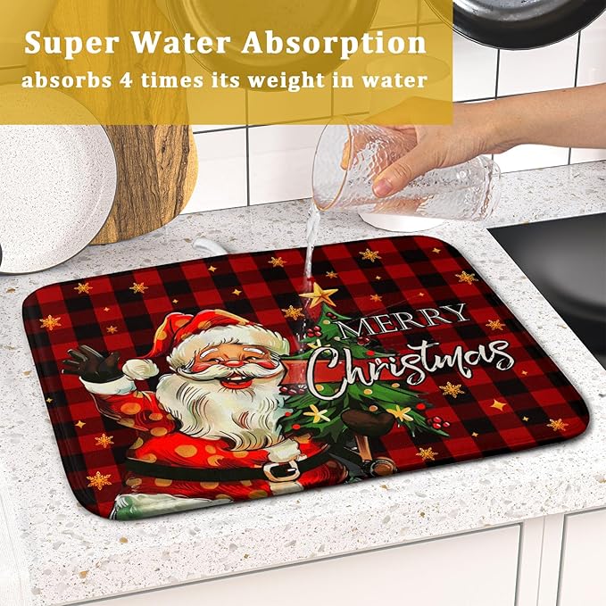 Merry Christmas Santa Claus Red Buffalo Plaid Dish Drying Mat for Kitchen Counter,Winter Snowflake Xmas Tree Drying Mat 16 x 18 Inch with Absorbent Reversible Microfiber Dish Drying Pad for Coffee Bar - Image 7