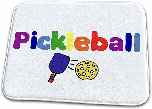 Dish Drying Mat - Colorful Pickleball Letters and Paddles Sports and Hobbies