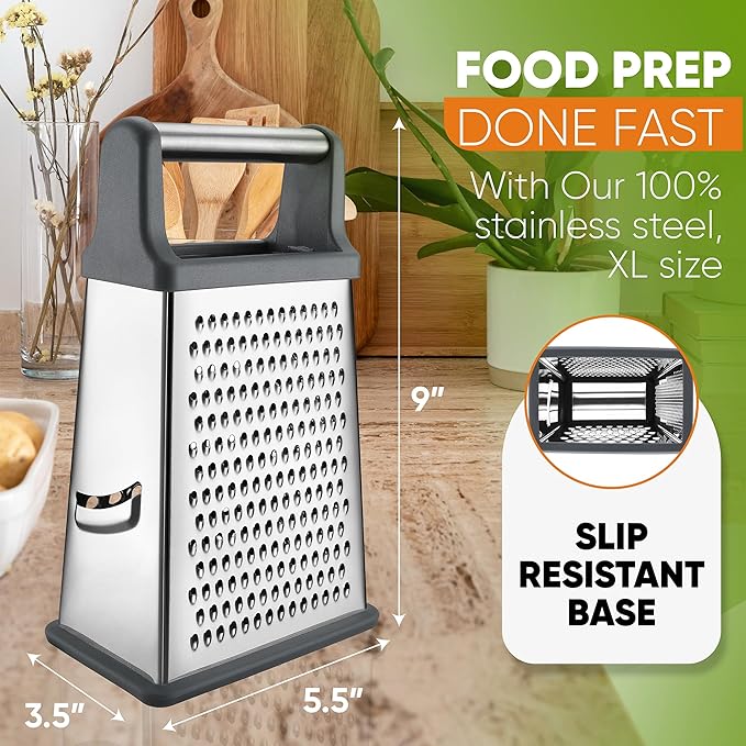 Spring Chef Professional Cheese Grater - Stainless Steel Box Grater for Kitchen, XL Size, 4 Sides - Perfect Shredder for Parmesan Cheese, Carrot, Potato, Ginger - Dishwasher Safe - Gray - Image 4