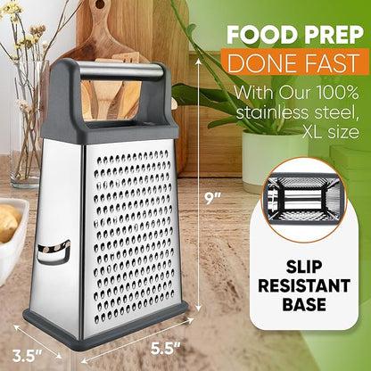 Spring Chef Professional Cheese Grater - Stainless Steel Box Grater for Kitchen, XL Size, 4 Sides - Perfect Shredder for Parmesan Cheese, Carrot, Potato, Ginger - Dishwasher Safe - Gray - Image 4