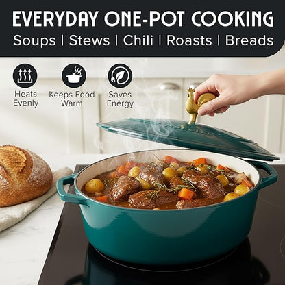 MUELLER HOME 5.5 Quart Enameled Cast Iron Oval Dutch Oven with Rooster Knob and Cotton Potholders, Heavy-Duty Cookware, Oven-Safe up to 500° F & Across All Cooktops, Thanksgiving Essentials, Emerald - Image 6