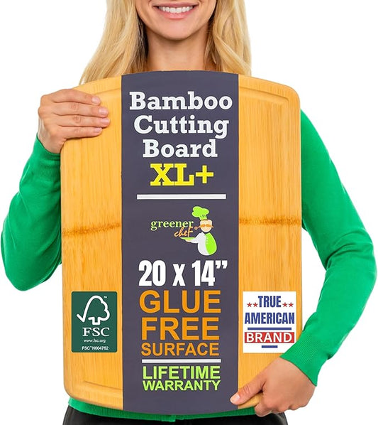 Greener Chef 20 Inch Bamboo Cutting Board Featuring Super-Sized Glue-Free Surface™ – Heavy Duty Butcher Block for Safe Meal Prep, Chopping & Carving with Lifetime Replacements by GreenerChef