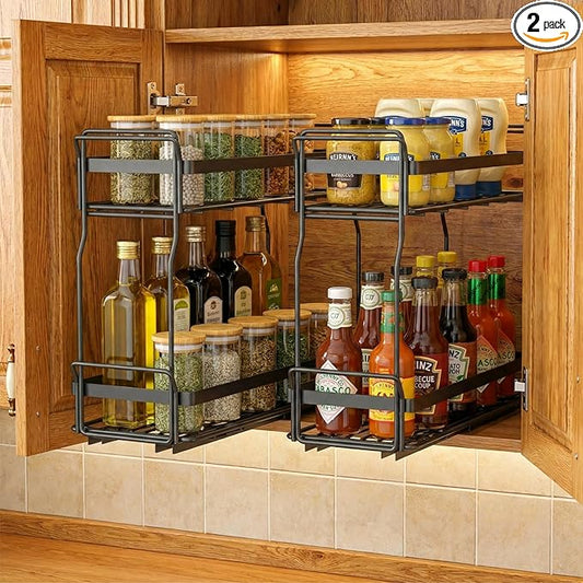 Pull Out Spice Rack Organizer for Inside Kitchen Cabinets, Heavy Duty Slide Out Seasoning Kitchen Organizer, 2 Tier Vertical Sliding Seasoning Organizer, 10.5" D x 5.1" W x 9.6" H -2 Pack (2)
