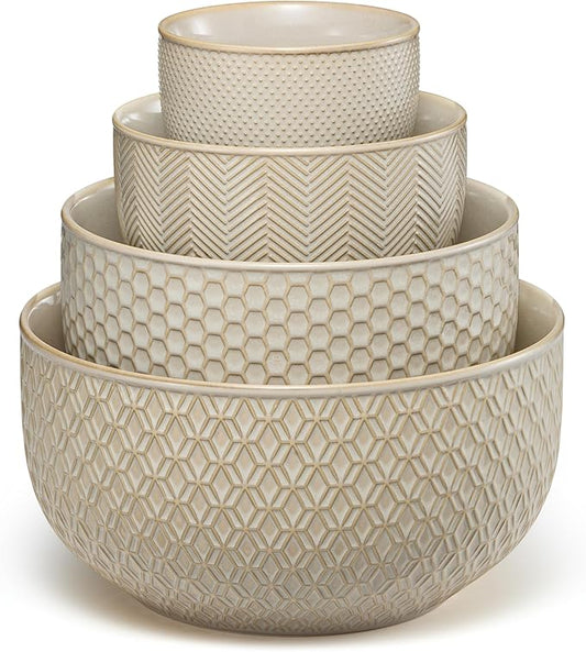 KooK Ceramic Mixing Bowls, Nesting Set of 4, Embossed Kitchen Dishware, Prep, Serving, Gift, Microwave and Dishwasher Safe, 20/44/98/145 oz, Narbonne Collection (Almond) by Kook