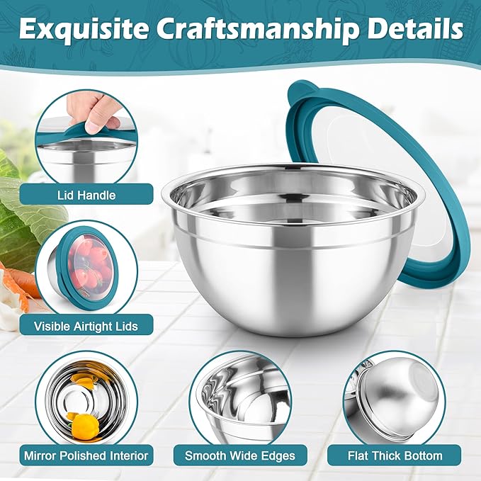 TeamFar Mixing Bowls, 3PCS Stainless Steel Serving Salad Bowls with Lids & 3 Graters, For Kitchen Mixing/Baking/Storing/Prepping, Visible & Airtight, Easy Clean - 4.5/3 / 1.5 QT, Dark Blue - Image 5