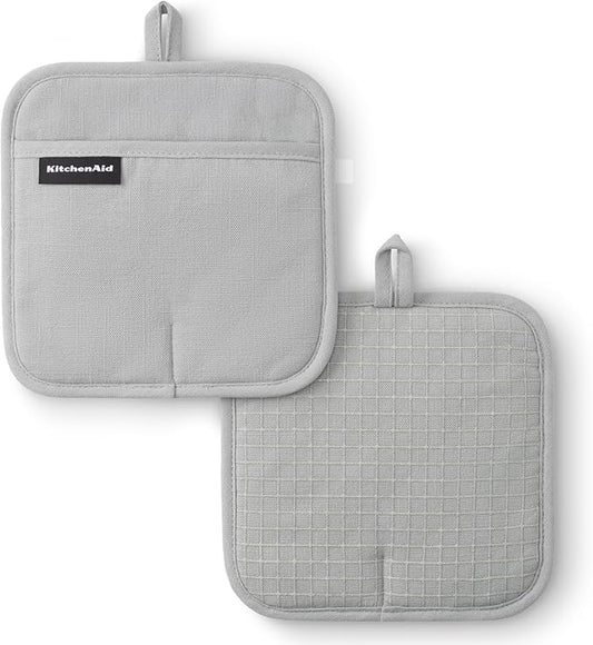 KITCHENAID Gourmet Series Gridlines Pot Holders 2-Pack Set, Heat Resistant up to 600°F, Soft Silicone Grip, Magnetic Cuff, Matte Grey, 8"x8" by KitchenAid