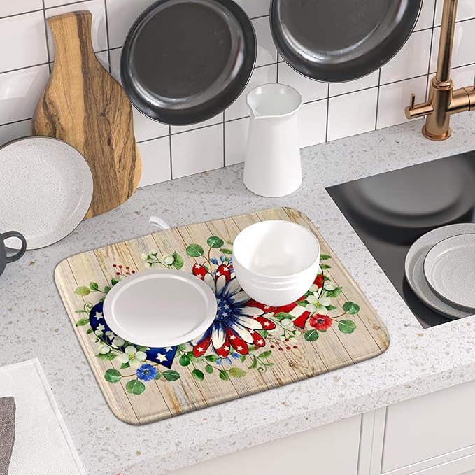Independence Day Dish Drying Mat 16x18 inch Patriotic Love Heart Fast Dry Microfiber Dishes Drainer Rack Pad Kitchen Counter Accessories