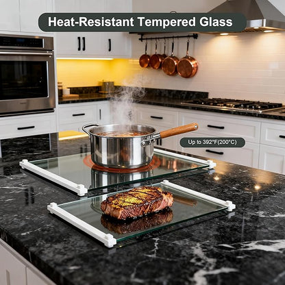 2Pcs Glass Cutting Boards for Kitchen(12x16" & 12x8"),Clear Tempered Glass Paired with White Silicone Grip,No Scratches/Microplastic-Free/Non Toxic,Excellent Gift for Mother's Day and Father's Day