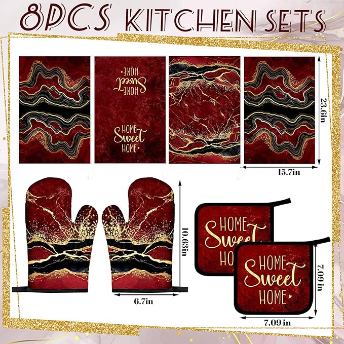 Leinuosen 8 Pcs Burgundy Marble Kitchen Towels and Dishcloths Sets Oven Mitts and Pot Holders Sets Absorbent Kitchen Gloves Potholders Heat Resistant for Chef Baking Cooking