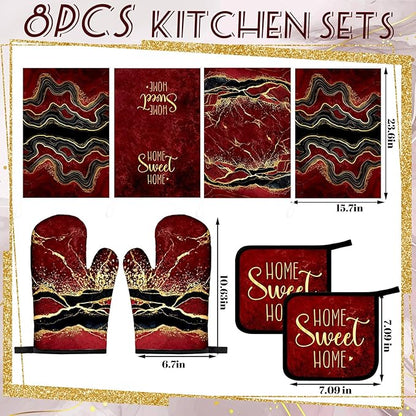 Leinuosen 8 Pcs Burgundy Marble Kitchen Towels and Dishcloths Sets Oven Mitts and Pot Holders Sets Absorbent Kitchen Gloves Potholders Heat Resistant for Chef Baking Cooking