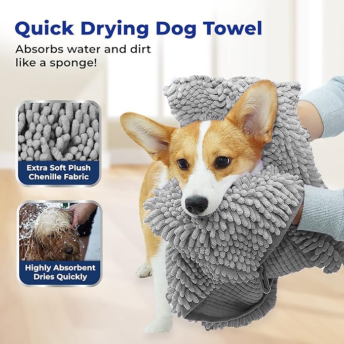 Muddy Mat Doggy Dryer, Highly Absorbent Microfiber Washable Dog Shammy Quick Drying Towel Absorber - Extra Soft Plush Wrap Chenille Bath Towels to Dry Soggy Large Pets & Small Puppy-Grey 13"x31" - Image 2