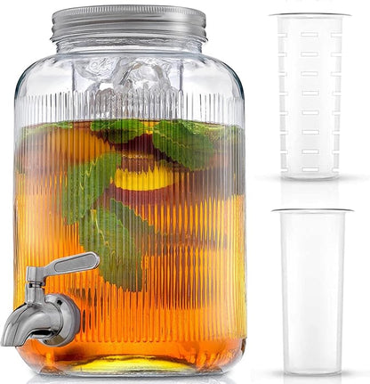 Fluted 1-Gallon Drink Dispenser. Glass Beverage Dispenser with Stainless steel Spigot plus Ice Cylinder and Fruit Infuser! Water Dispenser, Lemonade Stand, Juice Container - Dispensers for Parties