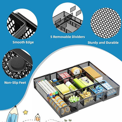 Marbrasse Expandable Desk Drawer Organizer, Mesh Drawer Organizer Tray with 10 Adjustable Compartments, Desk Organizers and Accessories for Office Supplies, Makeup & Vanity (Expandable Black-2 pack) - Image 6